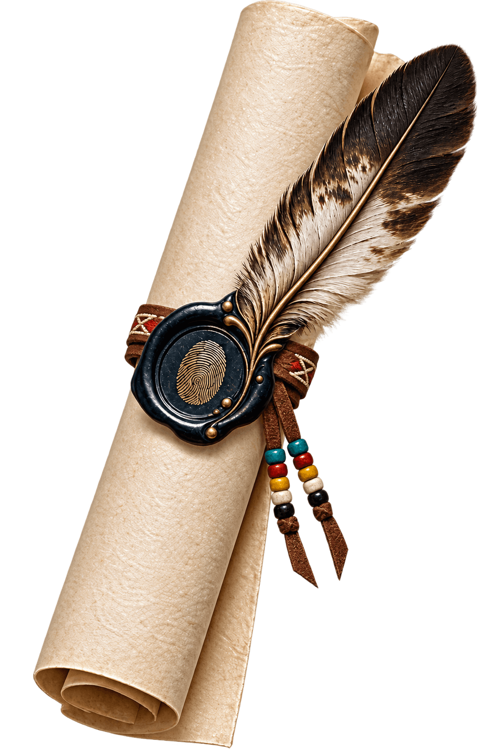Illustration of a parchment scroll with a feather, beaded ties, and a decorative seal
