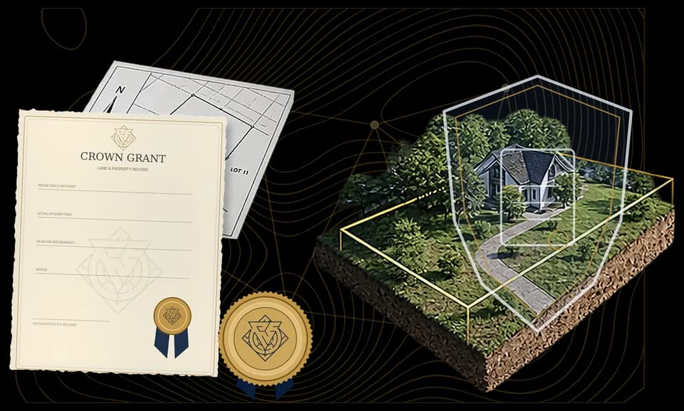 Crown grant and survey records beside a mapped residential parcel