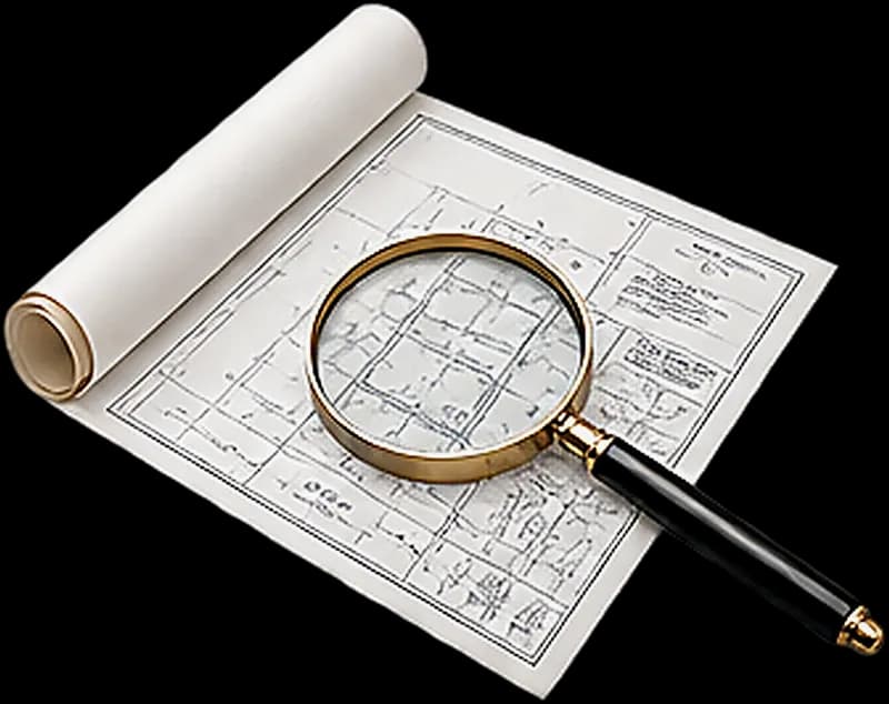Survey plan and parcel map examined with a magnifying glass